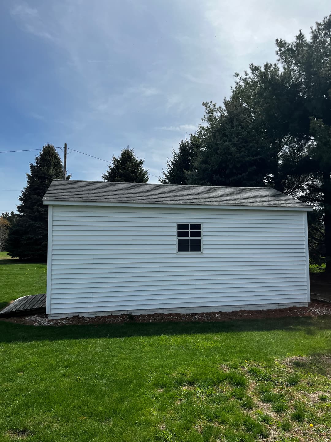 White shed with a single window, surrounded by green grass and pine trees.