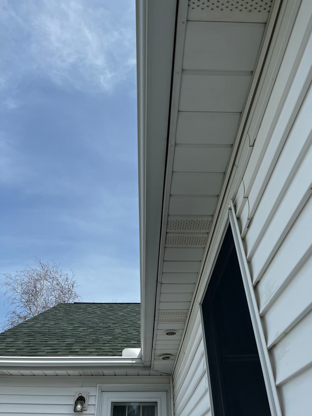 White house siding with a clear blue sky and eavestrough detail visible.