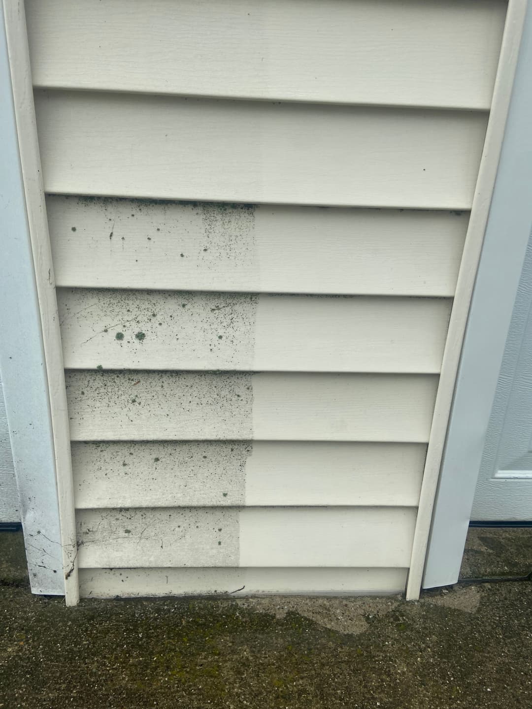 Before and after cleaning of exterior siding showing effective dirt removal results.
