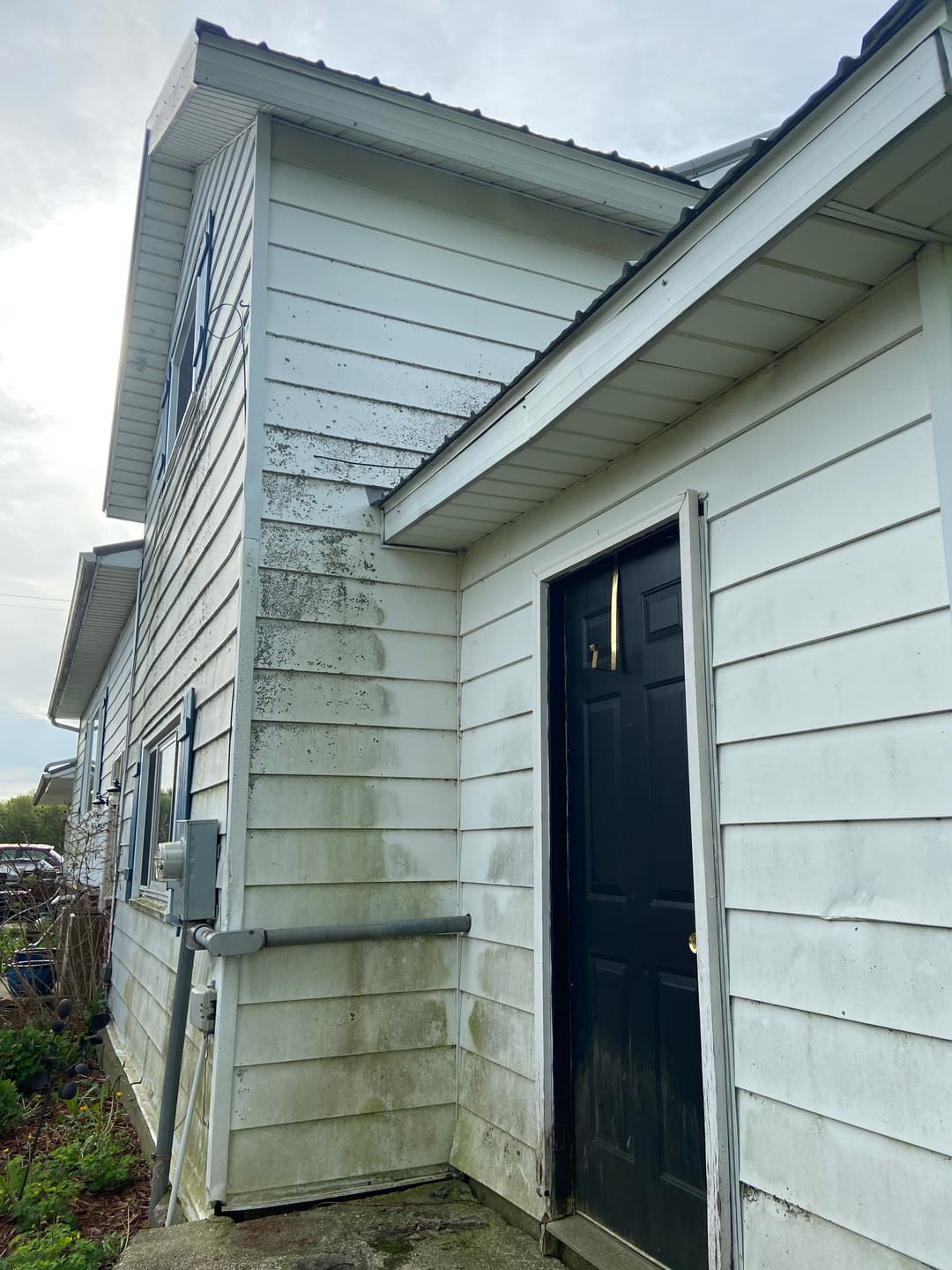 Side view of a weathered house with stained siding and a black door.