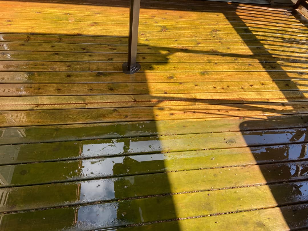 Wet wooden deck with shadows, showing signs of algae growth and recent cleaning.