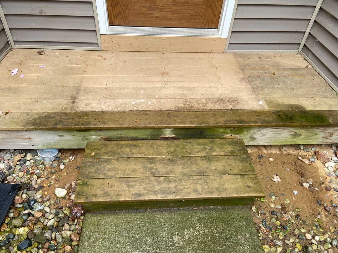 Before and after cleaning a wooden porch with green moss and stains on steps.
