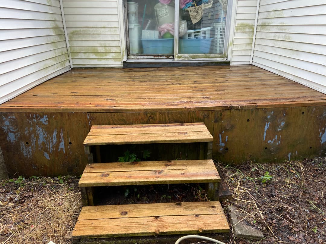 Wooden steps leading to a weathered deck with peeling paint and greenery around the edges.