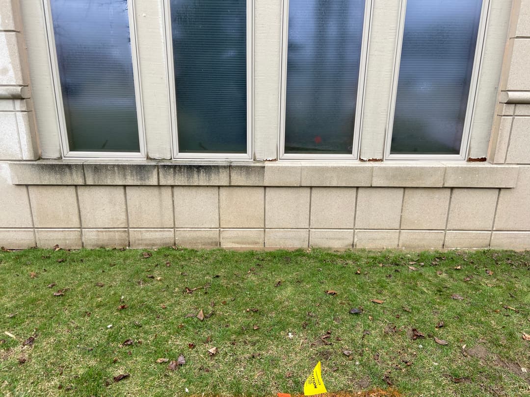 Deteriorating building exterior with visible mold and rust near window. Grass in foreground.