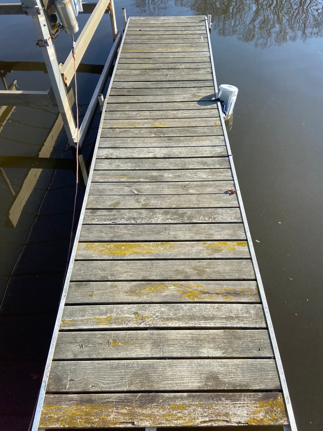 Wooden dock extending over calm water, featuring mossy planks and a clear blue sky.