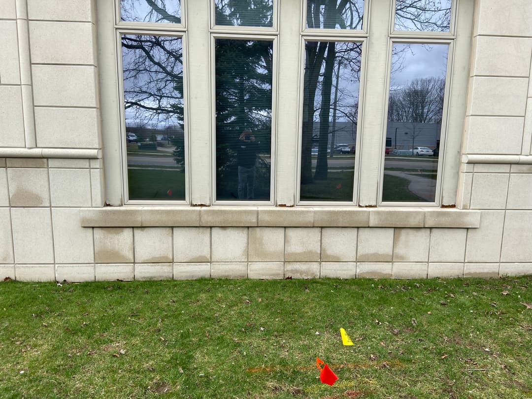 Windows of a building with visible soil stains and colored flags on the grass outside.